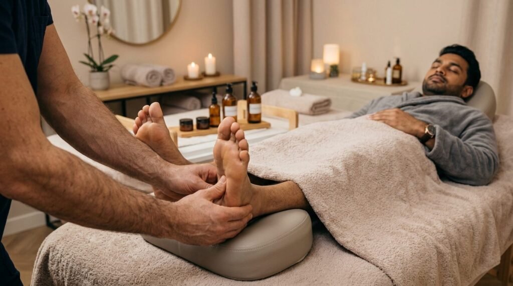 Therapist massaging a client feet and lower legs on a treatment couch