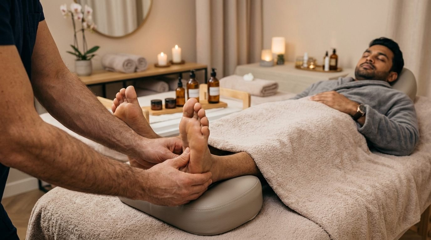Therapist massaging a client feet and lower legs on a treatment couch