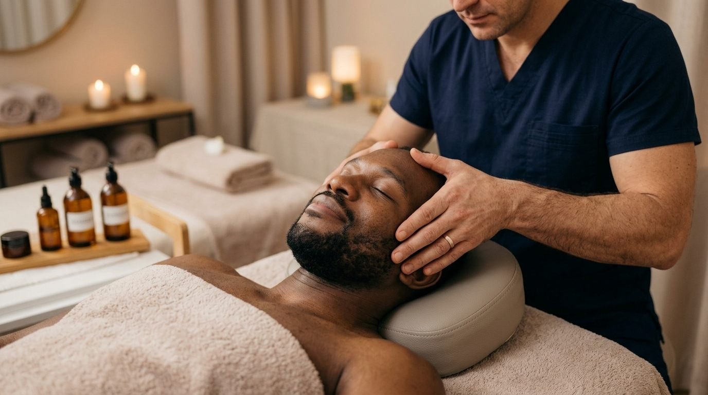 Therapist giving a relaxing head and scalp massage to a client in a candlelit treatment room