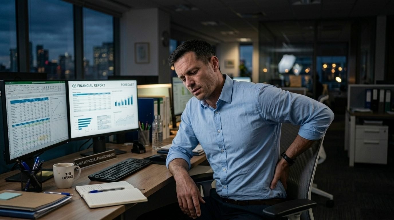 Office worker at a desk in the evening holding his lower back in discomfort