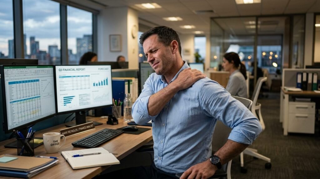 Office worker at a desk holding his neck and shoulder in discomfort