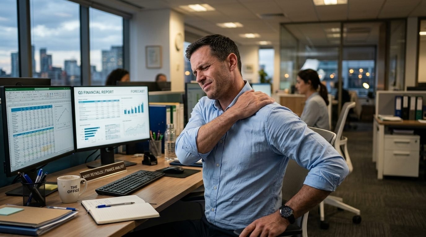 Office worker at a desk holding his neck and shoulder in discomfort