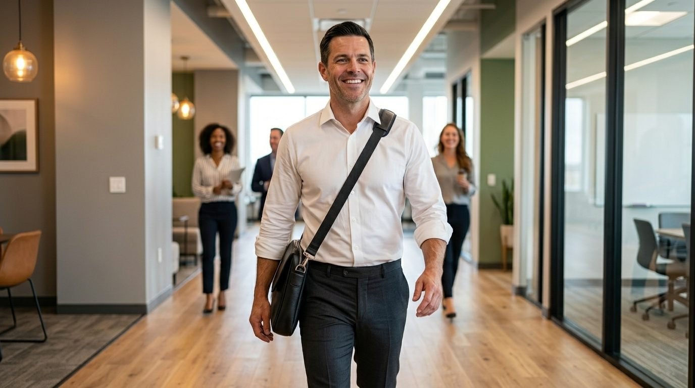 Smiling professional walking through a bright modern office feeling renewed