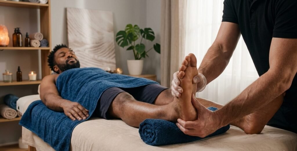 Client relaxing on a massage table while a therapist works on the lower leg in a warm, calm studio