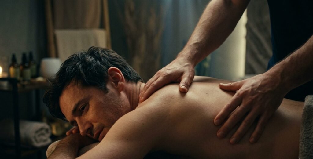 Man lying face down on a massage table having his back and shoulders worked on