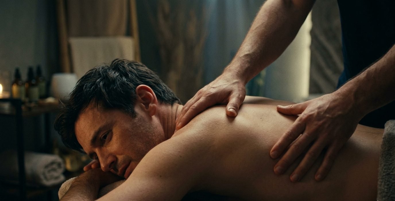 Man lying face down on a massage table having his back and shoulders worked on