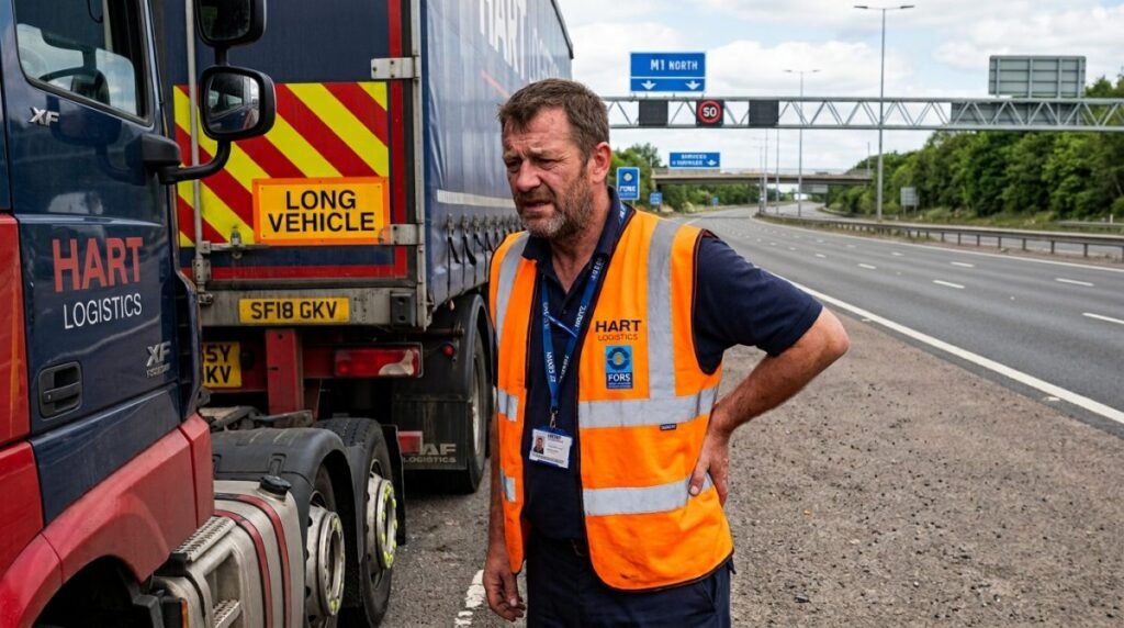 Lorry driver stretching after a long shift behind the wheel